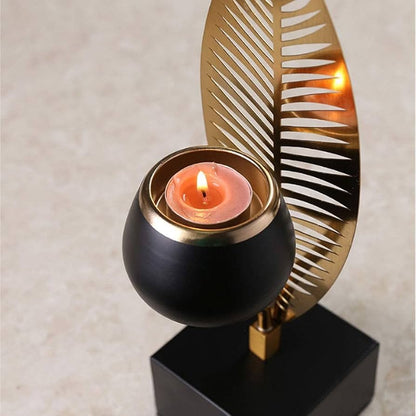 Luxury Metal Leaf Candle Stand Set of 2 | Black & Gold Decorative Tealight Holders | Modern Tabletop Home Décor