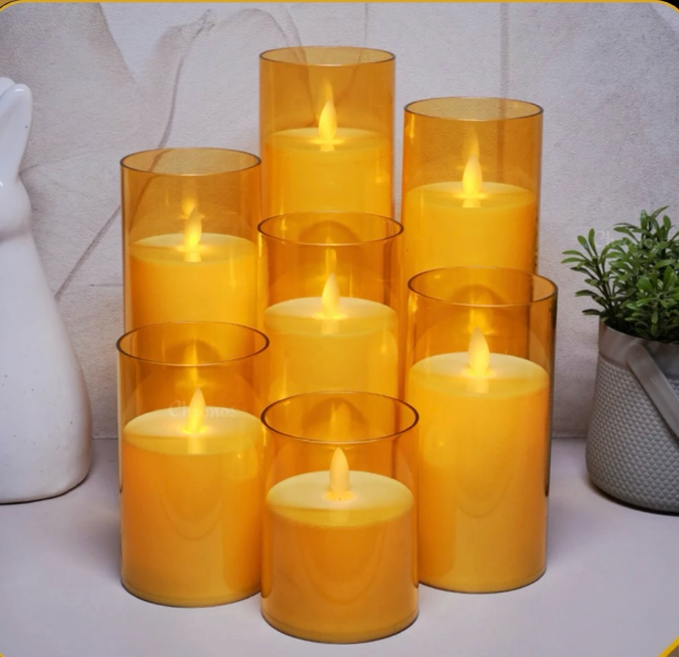 Acrylic Golden Glass Led Moving Flame Pillar Candles - 3inch Diameter