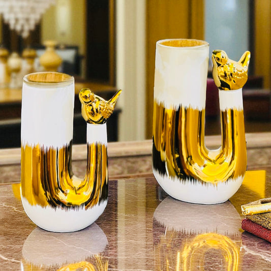 Modern Golden U-Shaped Metal Vase Set with Bird Accent