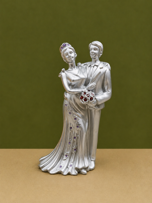 Silver Wedding Couple Resin Figurine with Gemstone Accents 6 Inch Resin Decor
