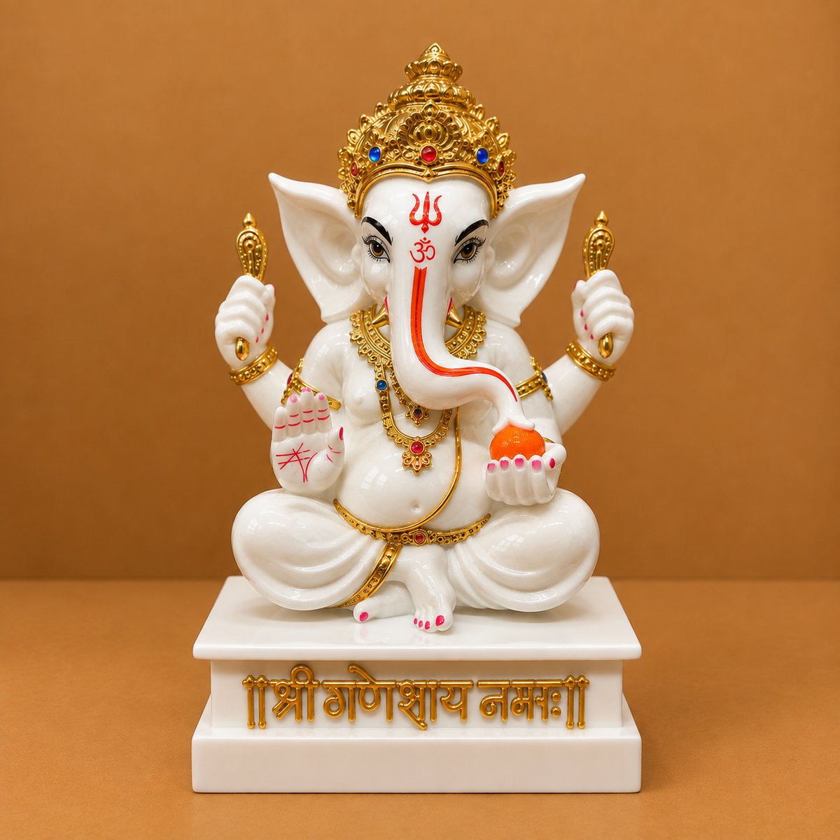 Premium White & Gold Ganesh Ji Showpiece with “Shree Ganeshaya Namah” Base – 11 Inch