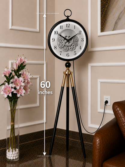 Luxury Illuminated Gear Tripod Floor Clock – Black with Silver Gears and With light