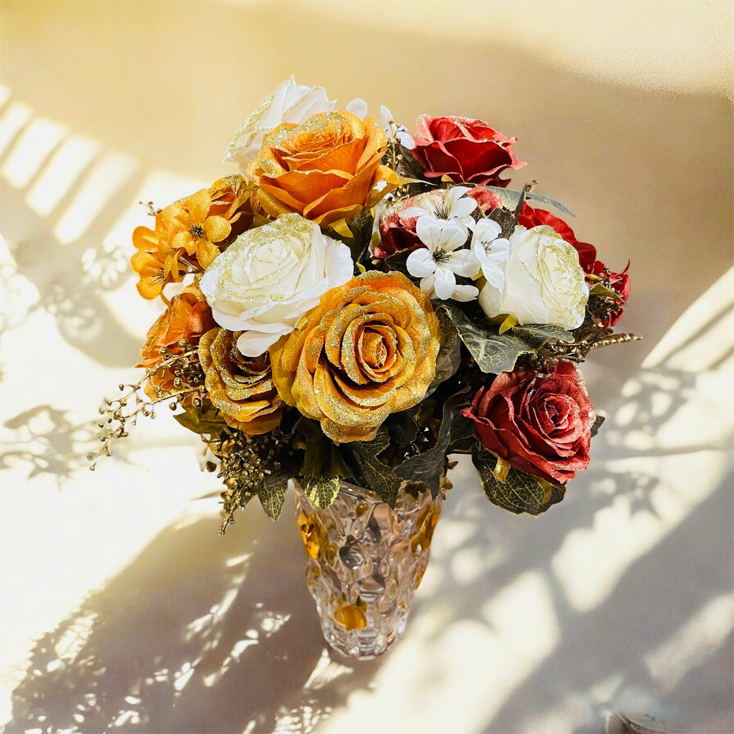 Premium Glittered Artificial Rose Flower Bunch for Home Decor, 21 Inch