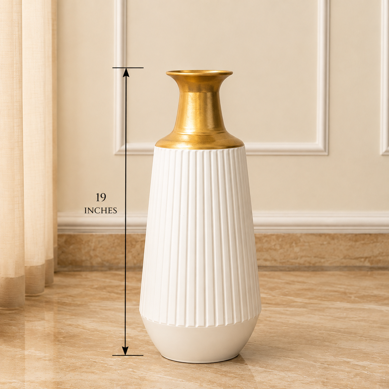 Premium White & Gold Ribbed Floor Vase – 19 Inches | Modern Decorative Vase
