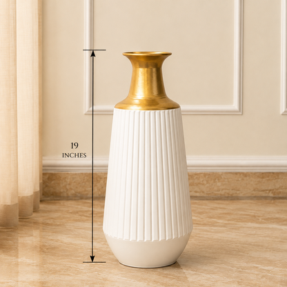 Premium White & Gold Ribbed Floor Vase – 19 Inches | Modern Decorative Vase