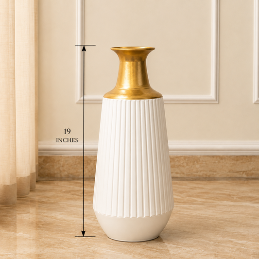 Premium White & Gold Ribbed Floor Vase – 19 Inches | Modern Decorative Vase