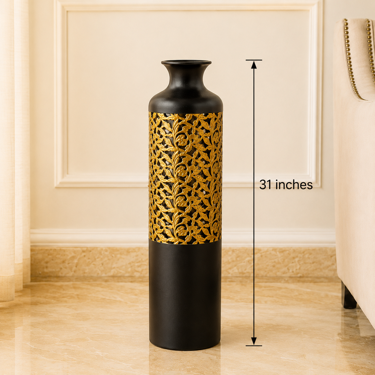 Luxury Black & Gold Floral Metal Floor Vase – 31 Inches | Tall Decorative Statement Vase