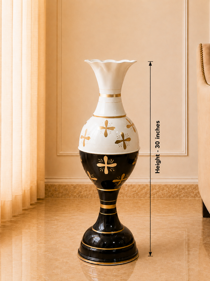 Premium Black, White & Gold Metal Floor Vase – 30 Inch Tall Decorative Statement Vase for Living Room