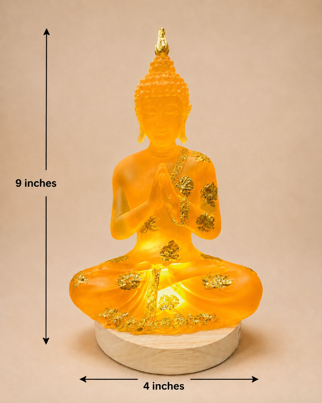Serene Amber Meditating Buddha Resin Idol LED Lamp with Wooden Base, 9 Inches