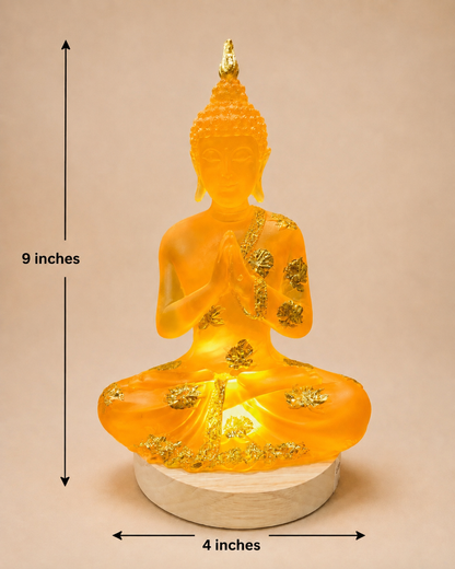 Serene Amber Meditating Buddha Resin Idol LED Lamp with Wooden Base, 9 Inches