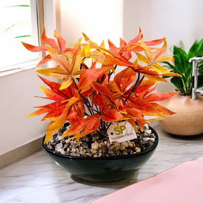 Artificial Maple Leaf Plant in Ceramic Pot with Authentic Pebbles - Elegant Home & Bathroom Décor