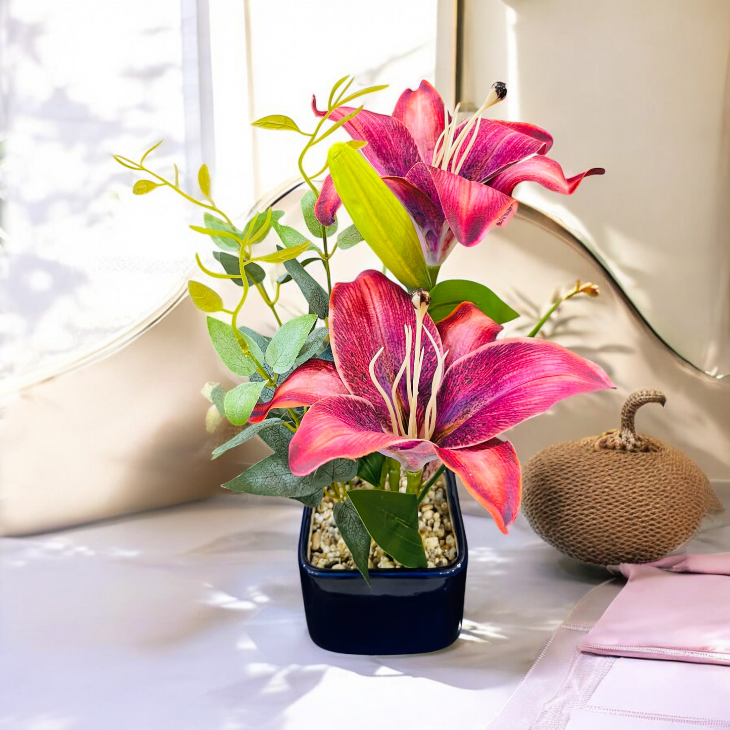 Artificial Hot Pink Lily Plant with Authtentic Pebbles and Shells for Bathroom and Home Decor