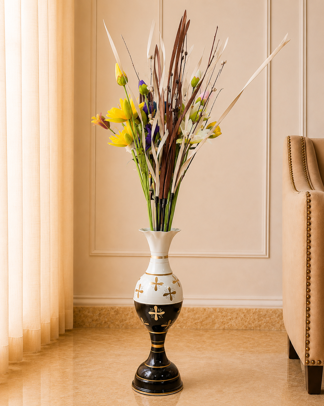 Premium Black, White & Gold Metal Floor Vase – 30 Inch Tall Decorative Statement Vase for Living Room