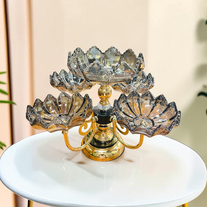 Luxury 5-Tier Lotus Smokey Glass Dry Fruit & Dessert Stand with Gold Pedestal– Decorative Multi-Bowl Centerpiece