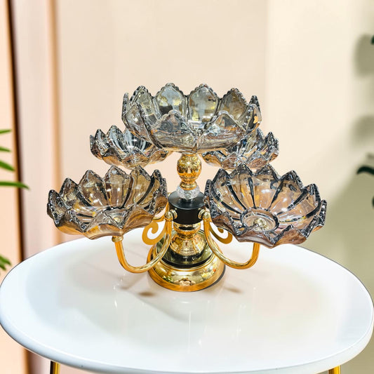Luxury 5-Tier Lotus Smokey Glass Dry Fruit & Dessert Stand with Gold Pedestal– Decorative Multi-Bowl Centerpiece