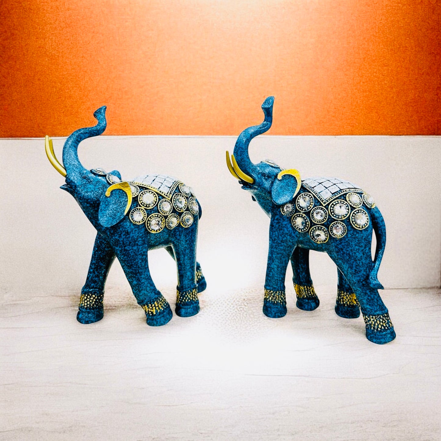 Blue Elephant Statues with Silver Accents - Unique Home Decor