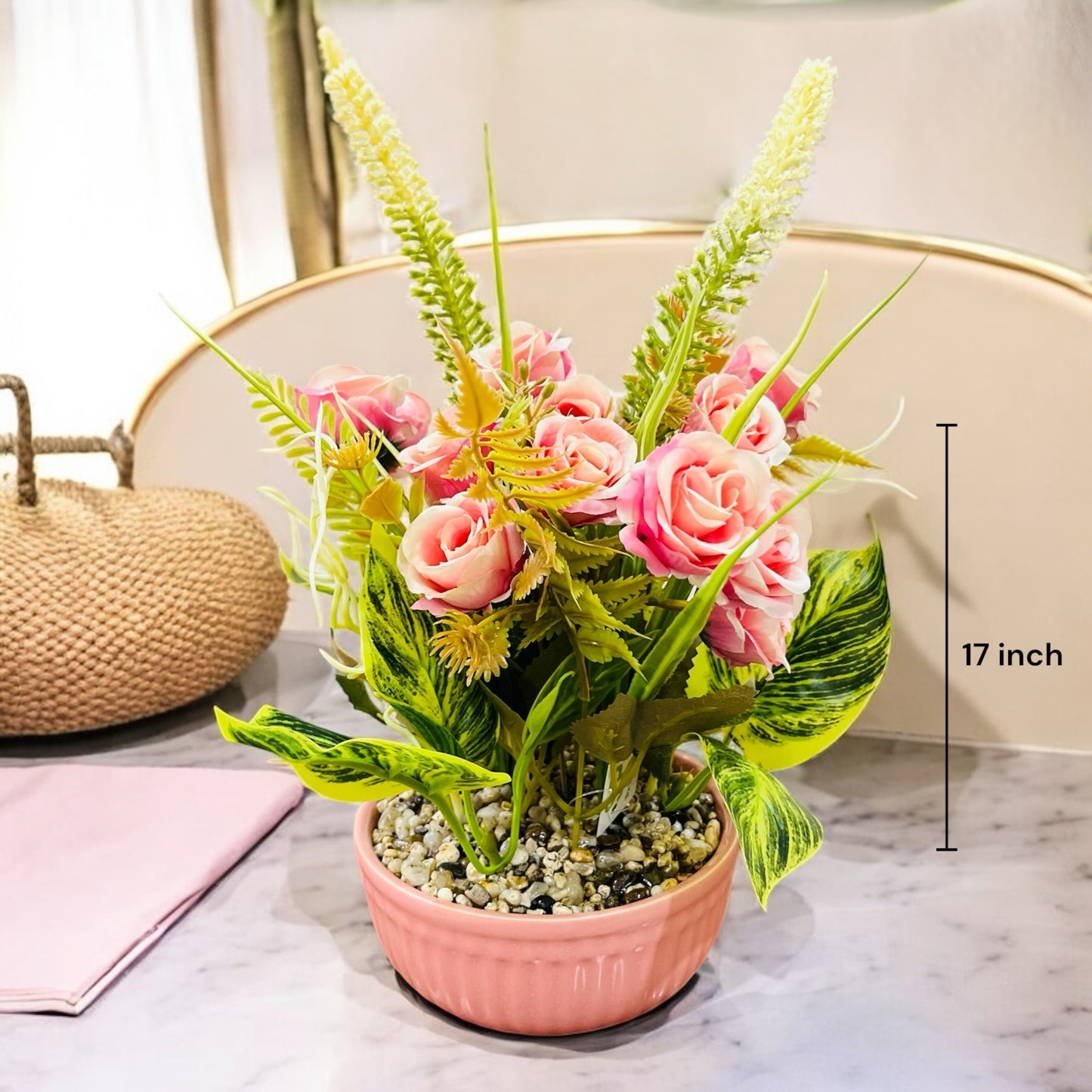Artificial Rose Flower Plant with Ferns in Ceramic Pot with Pebbles