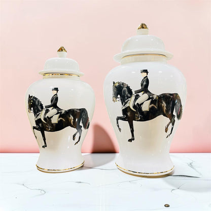 Classic Equestrian Rider White Ceramic Temple Vase/Jar