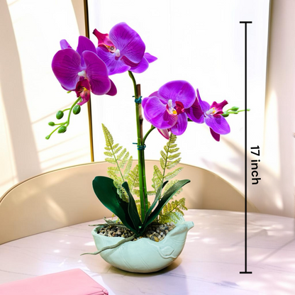 Premium Artificial Purple Orchid Plant with Ceramic Pot | Realistic Faux Orchid Flower Arrangement for Home, Office, Living Room & Table Decor