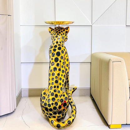 Metallic Gold Resin Leopard Statue with Tray Table – Luxury Cheetah Accent Floor Decor for Living Room