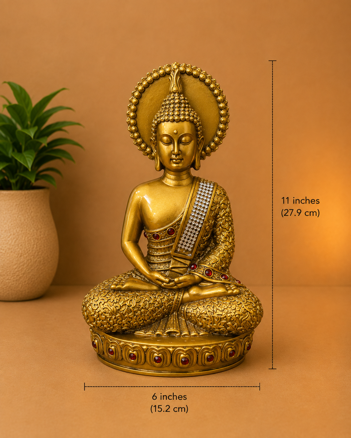 Antique Gold Meditating Buddha Statue – Decorative Buddha Idol with Red Gem Accents | Premium Home, Office & Meditation Décor
