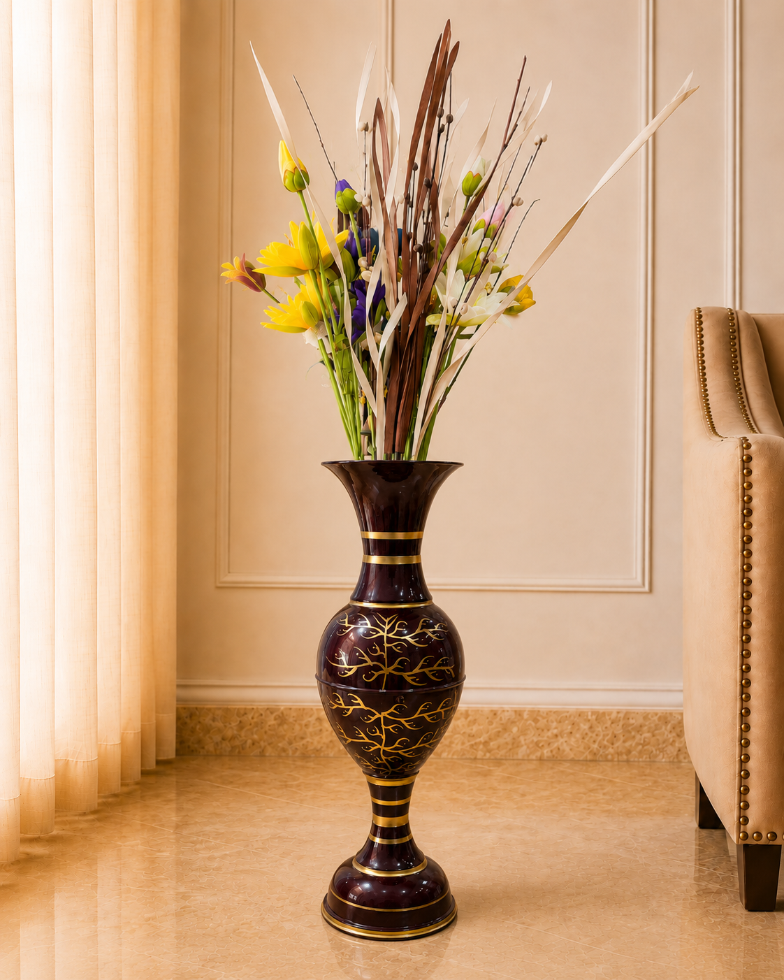 Premium Brown & Gold Metal Floor Vase – 30 Inch Tall Decorative Floral Vase for Living Room & Home Décor