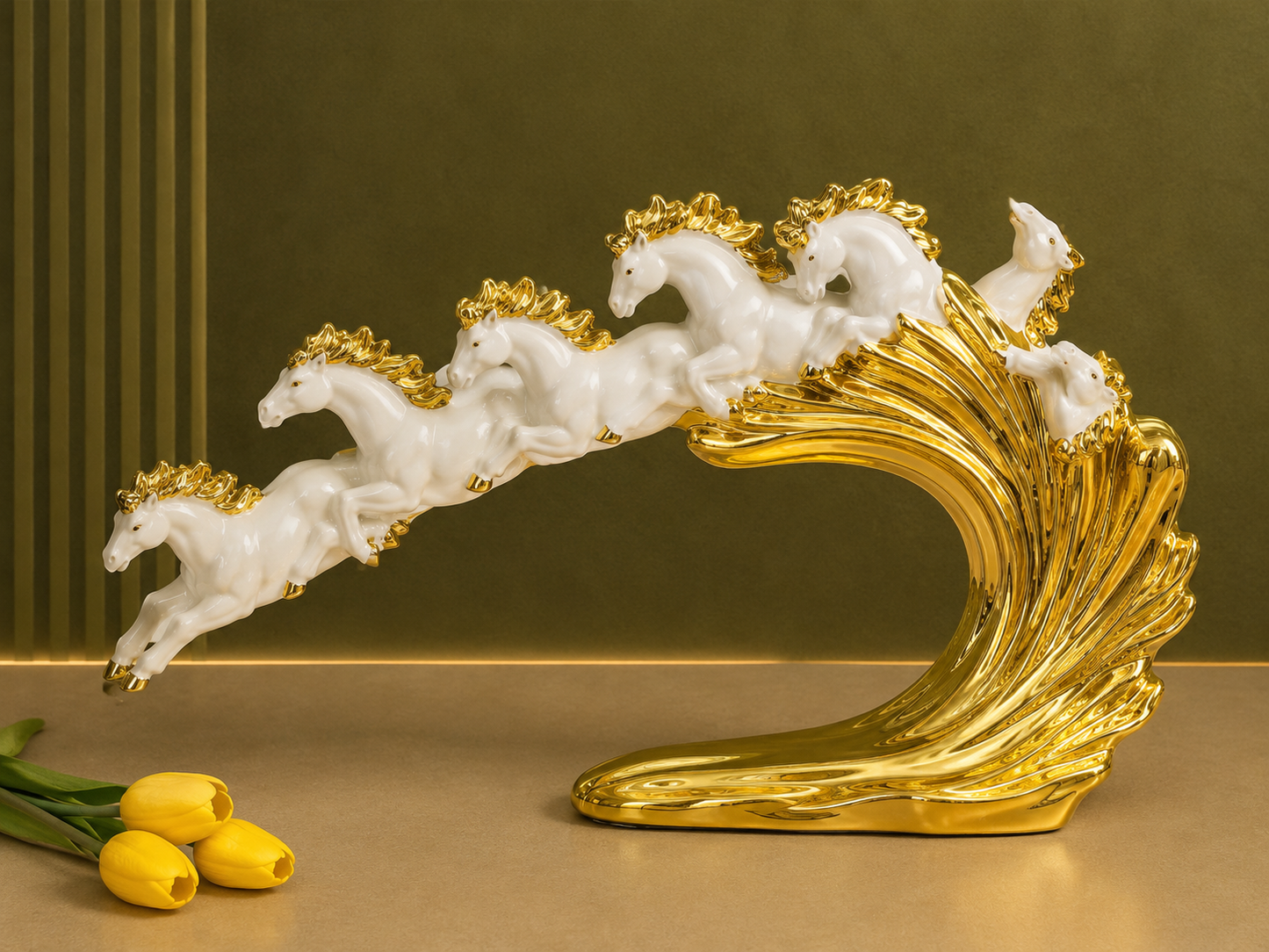 Seven Running Horses White and Gold Resin Statue 18 Inch Tabletop Decor for Home and Office