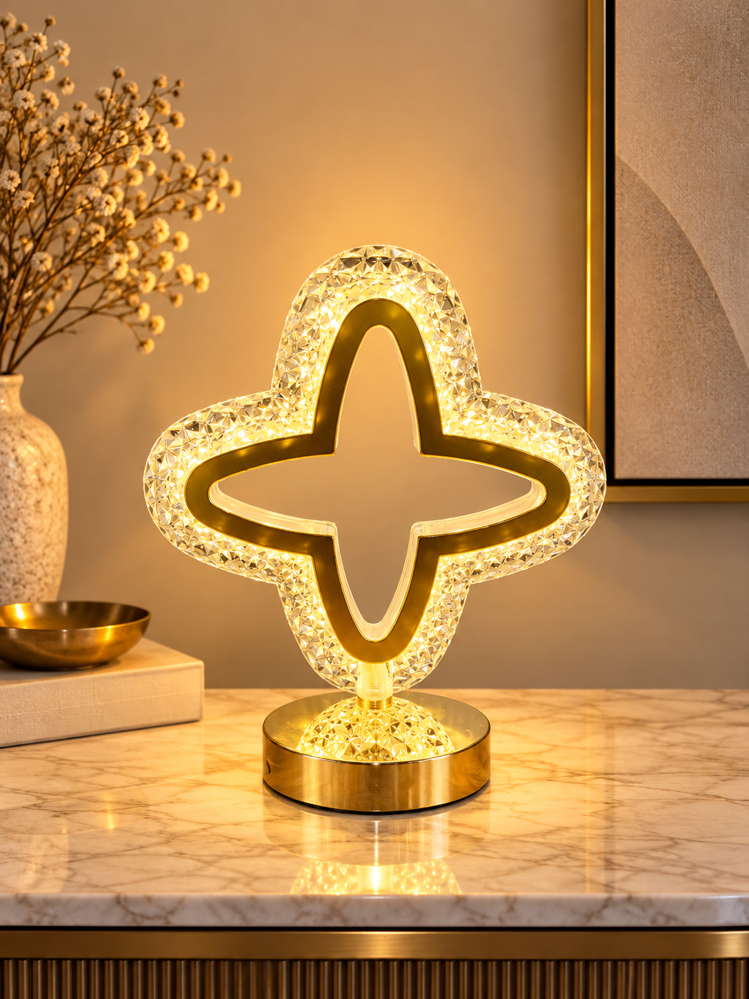 Rechargeable Crystal Clover Table Lamp with 3 Light Modes, 8 Inches
