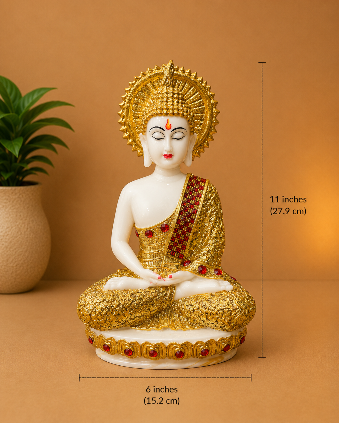 Meditating Buddha Statue Marble Dust Material  – White & Gold Decorative Idol with Red Gem Accents | Premium Home, Office & Meditation Decor