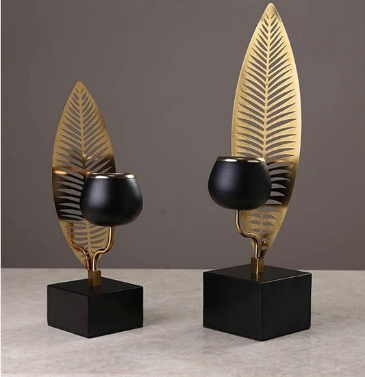 Luxury Metal Leaf Candle Stand Set of 2 | Black & Gold Decorative Tealight Holders | Modern Tabletop Home Décor