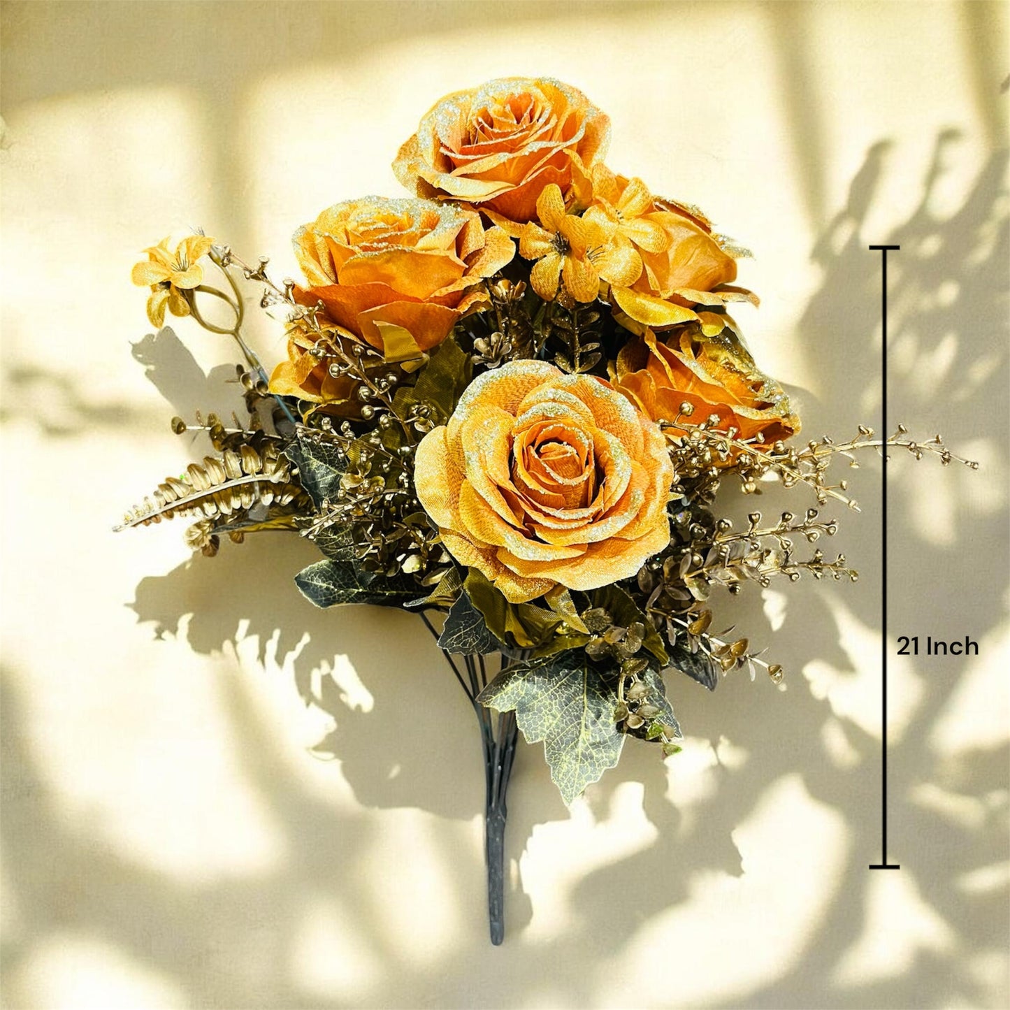 Premium Glittered Artificial Rose Flower Bunch for Home Decor, 21 Inch
