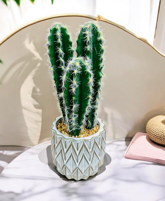 Artificial Cactus Plant in Stylish Ceramic Pot with Pebbles – Perfect for Home & Bathroom Decor