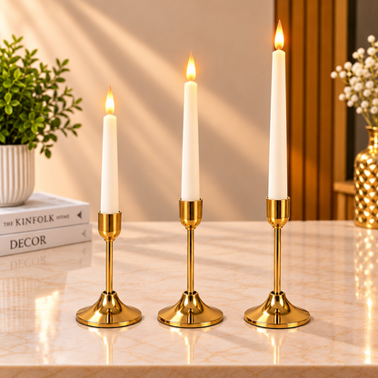 Set of 3 Golden Brass Taper Candle Stands – Elegant Tall Candle Holders for Home Decor