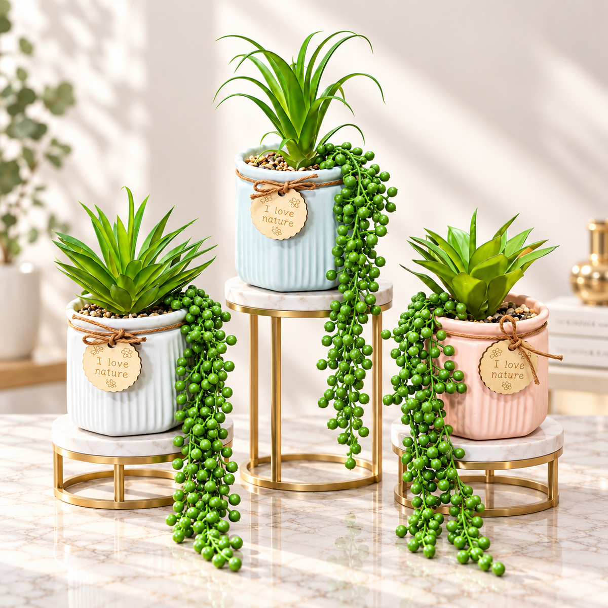 Artificial Succulent Plant with Cascading Greenery in Ribbed Ceramic Pot – Decorative Table Plant