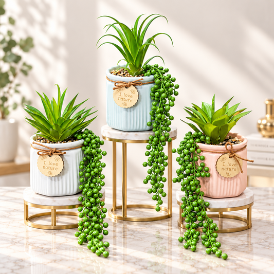 Artificial Succulent Plant with Cascading Greenery in Ribbed Ceramic Pot – Decorative Table Plant