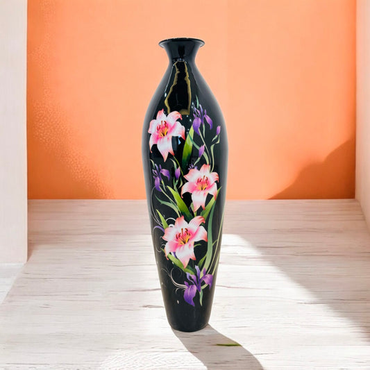 Black Floral Printed Tall Metal Cylindrical Floor Vase for Stylish Home Decor