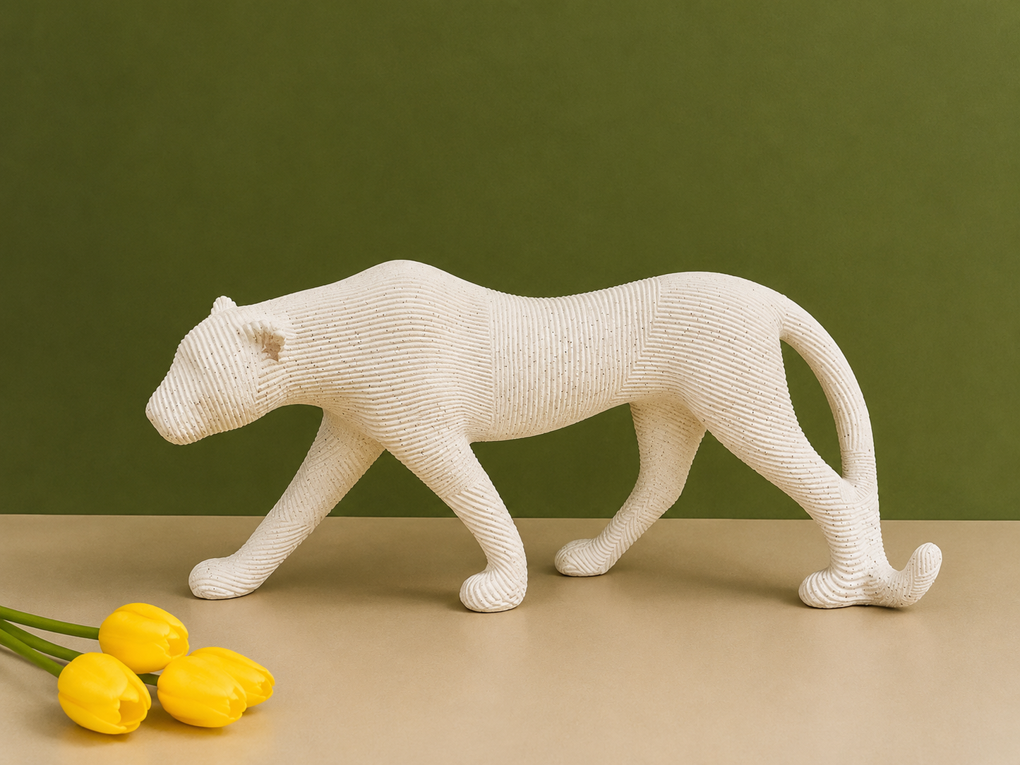 Modern Textured Off-White Terracotta Jaguar Statue (18-Inch)