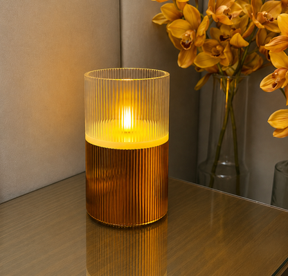 Dual-Tone Ribbed Glass LED Flameless Candle – 6 Inches, Diameter 4 Inch