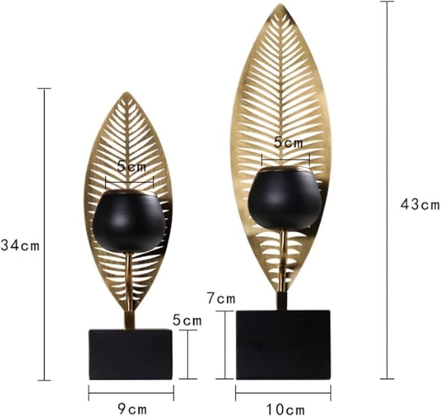 Luxury Metal Leaf Candle Stand Set of 2 | Black & Gold Decorative Tealight Holders | Modern Tabletop Home Décor