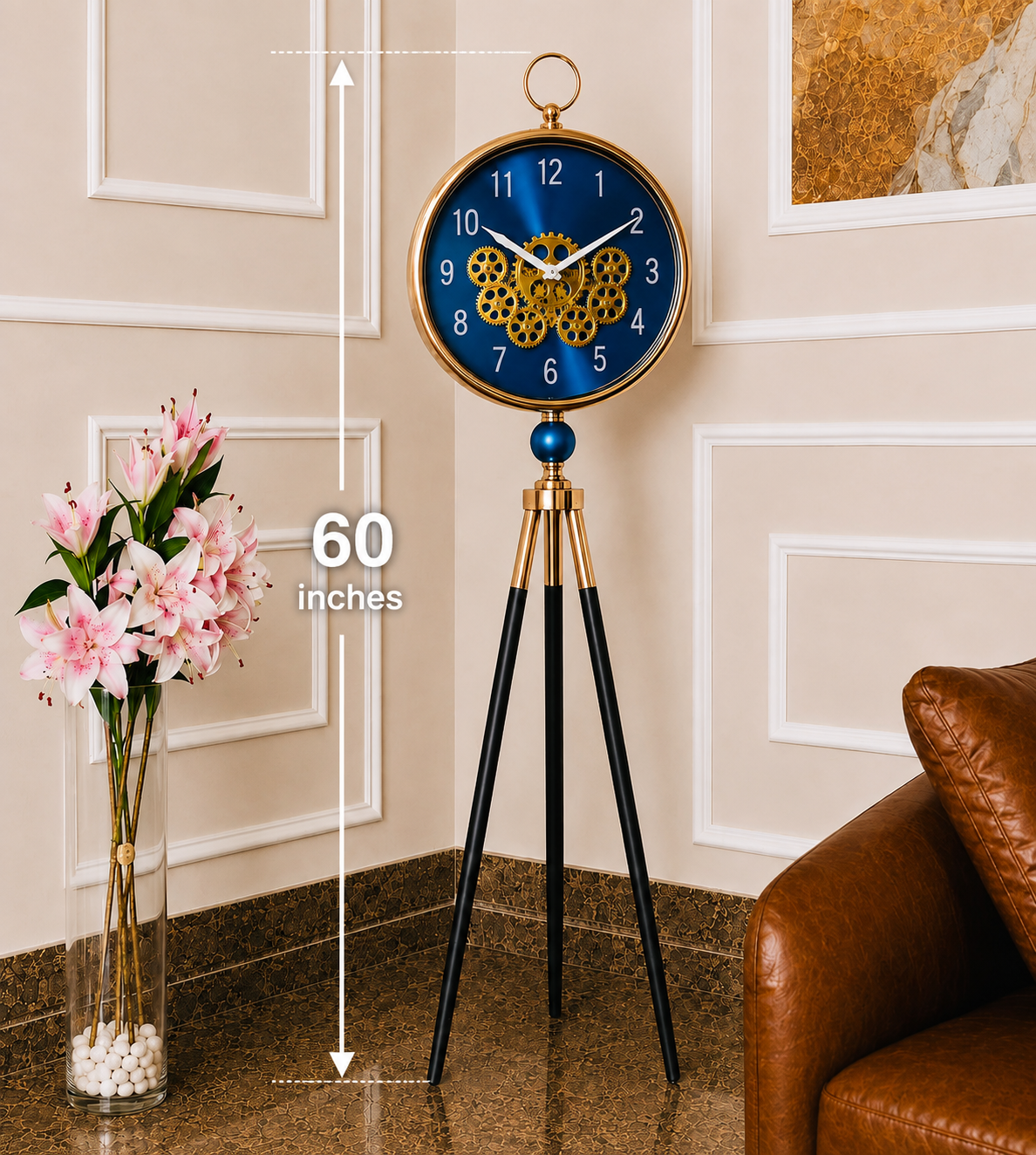Luxury Gear Design Tripod Floor Clock with Decorative Moving Gears