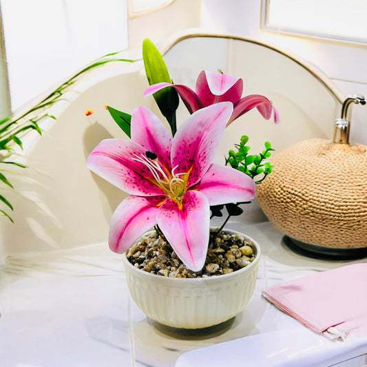 Artificial Dark Pink Lily Plant in Ceramic Pot with Authentic Pebbles - Elegant Home Décor