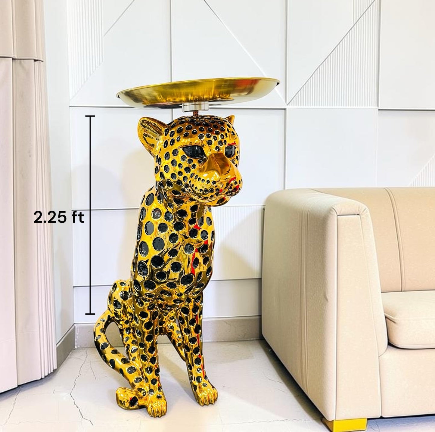 Metallic Gold Resin Leopard Statue with Tray Table – Luxury Cheetah Accent Floor Decor for Living Room