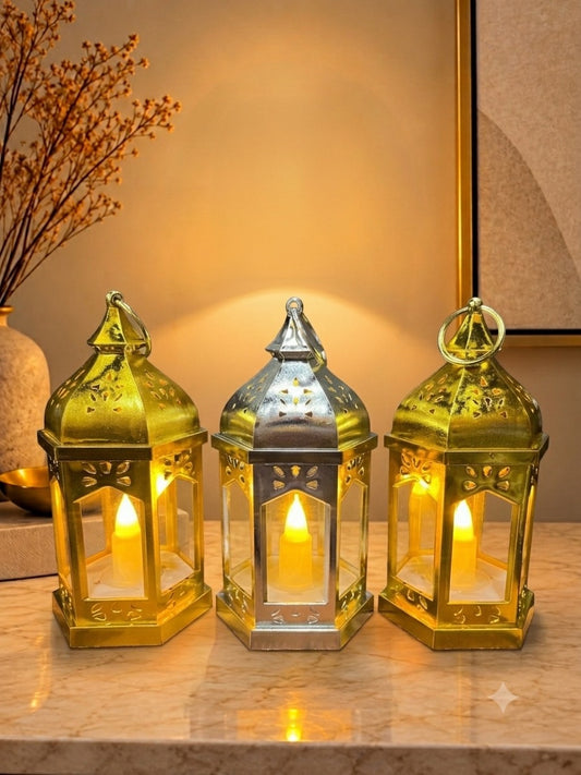 Vintage Metallic Moroccan LED Tea Light Lanterns - Set of 3, 6 inches for Home Decor