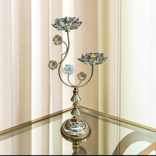 16-Inch Crystal Floral Metal Candle Stand | Dual Tealight Holder | Elegant Tabletop Centerpiece for Home Décor