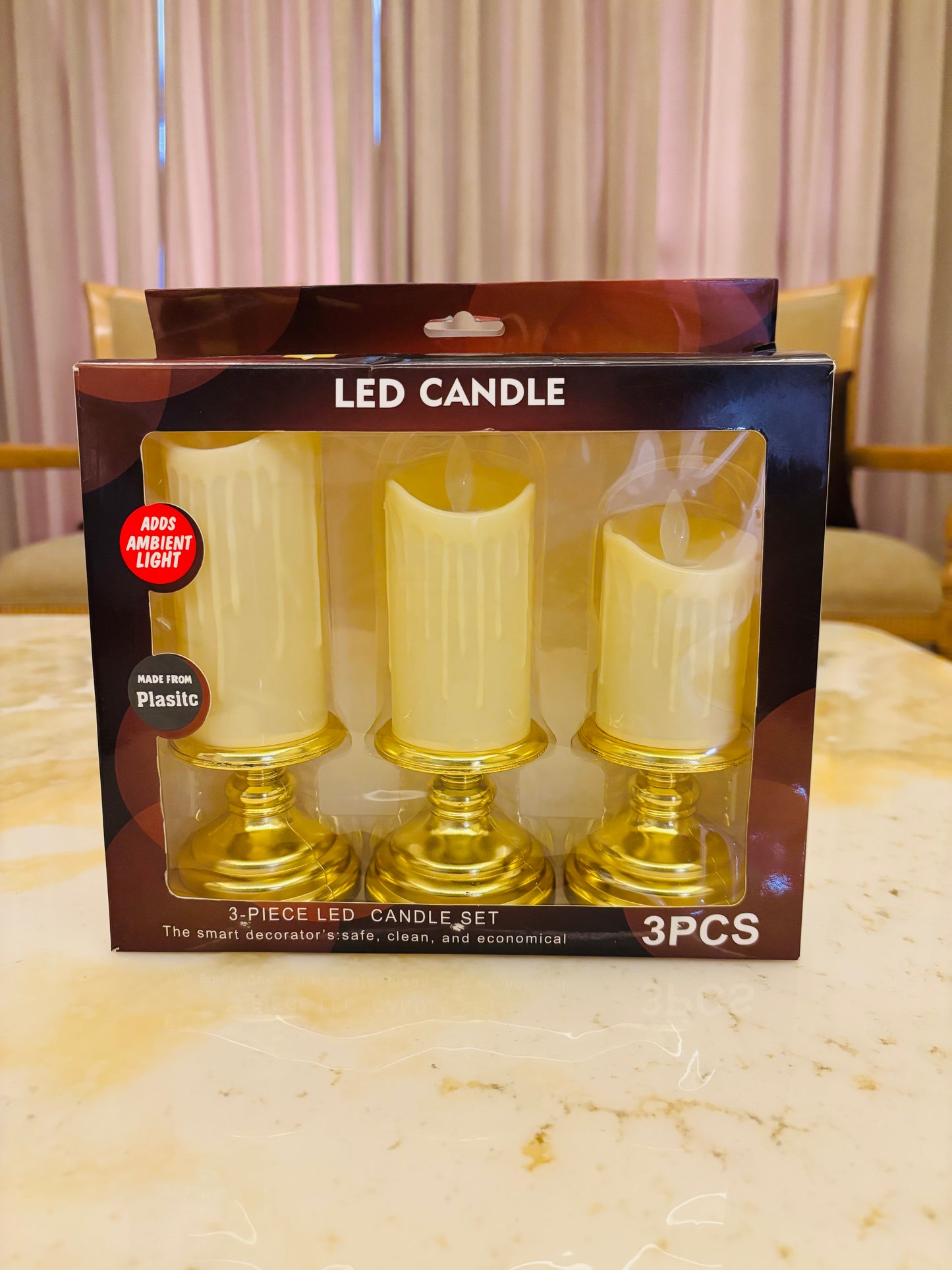 LED Melted Wax Candle with Golden Stand – Flameless Flickering Decorative Candle for Home & Festive Decor