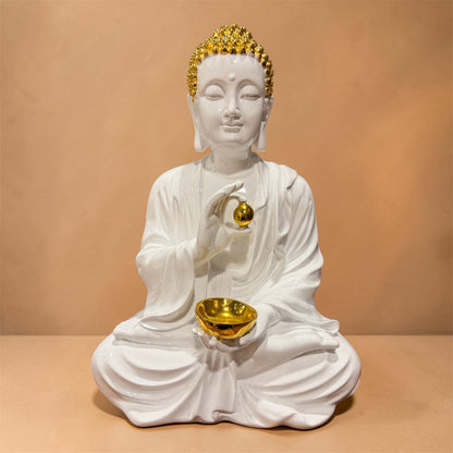 White Ceramic Meditating Buddha Showpiece with Gold Accents | Premium Decorative Statue for Home, Office & Living Room (16 Inch)