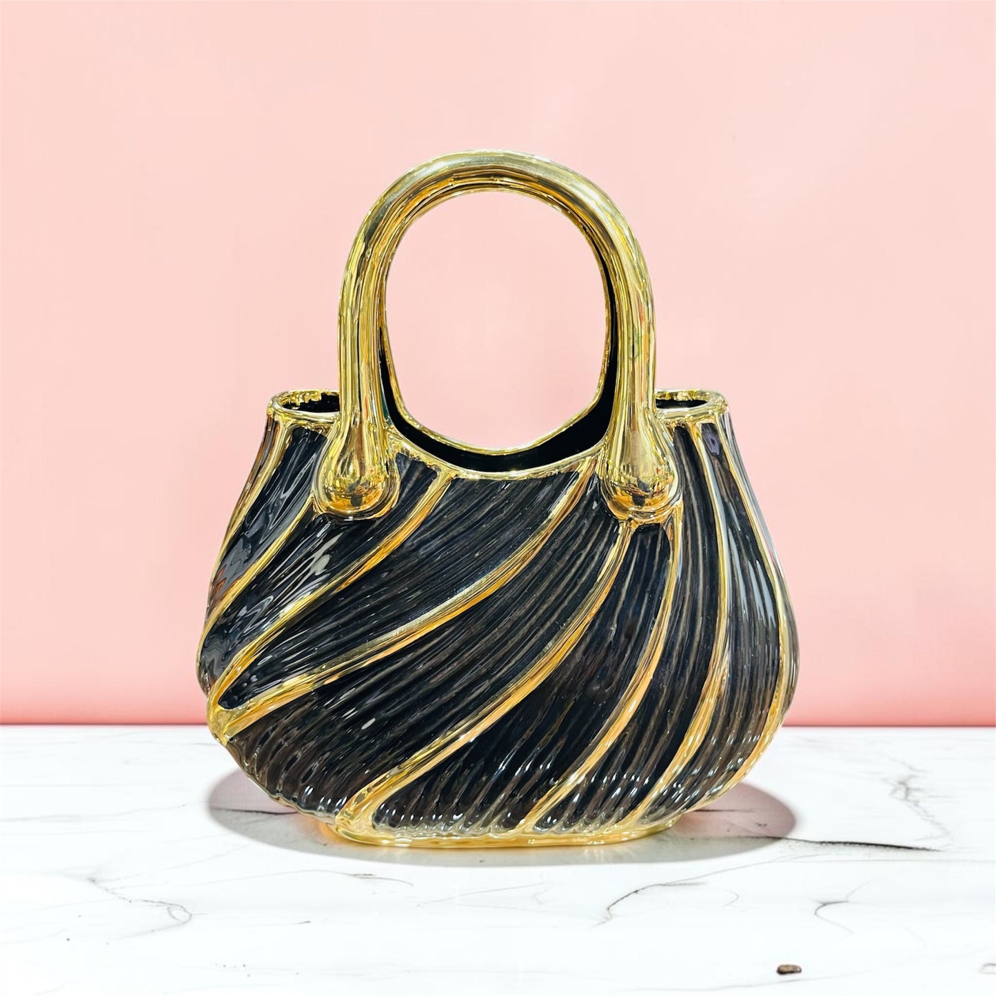 Modern Black & Gold Handbag Inspired Ceramic Vase 10 Inch
