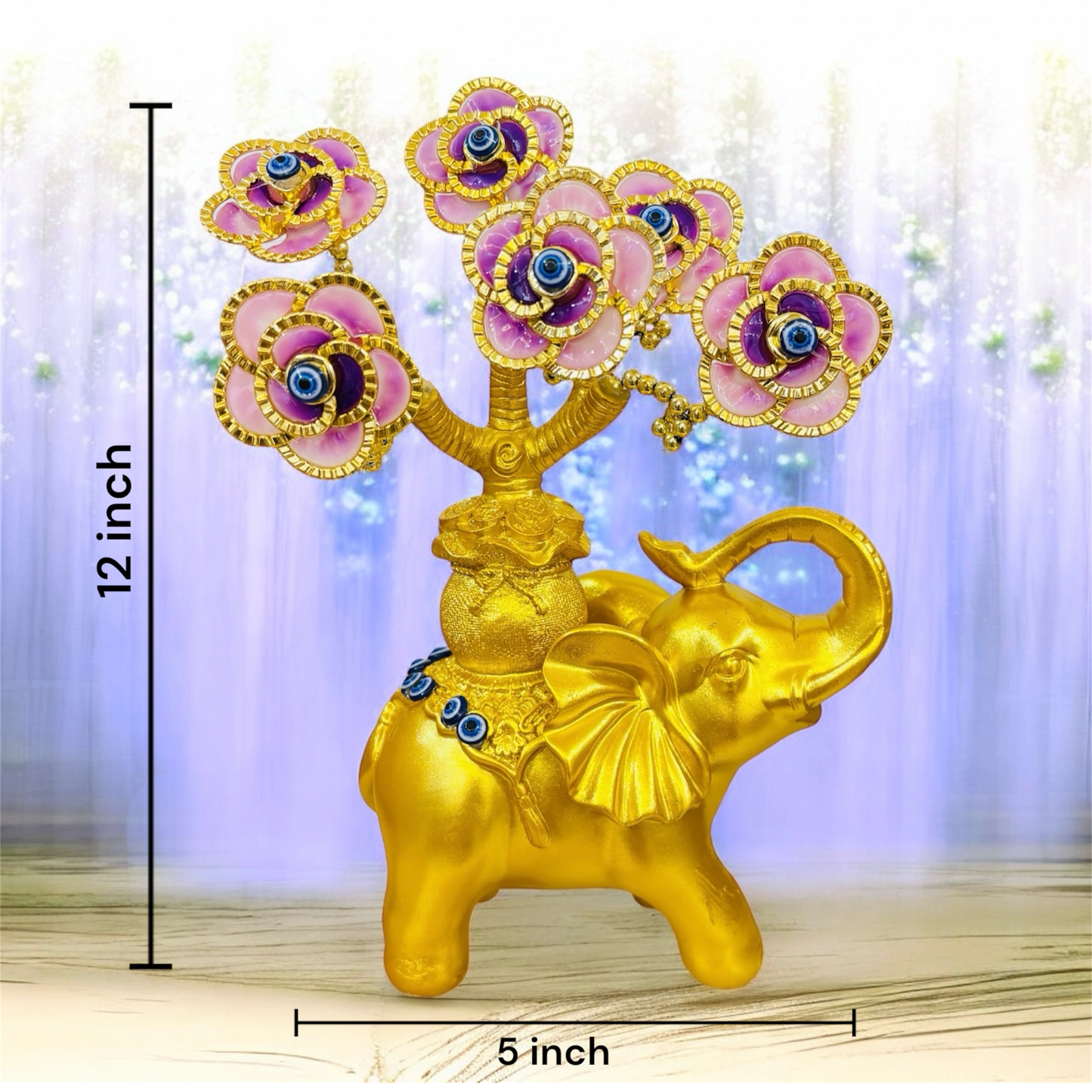 Golden Elephant with Evil Eye Flower Tree for Table Decor