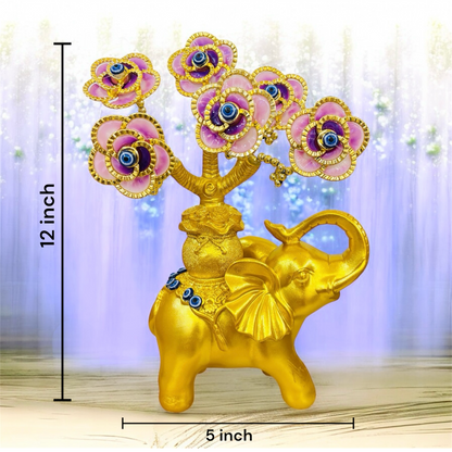 Golden Elephant with Evil Eye Flower Tree for Table Decor