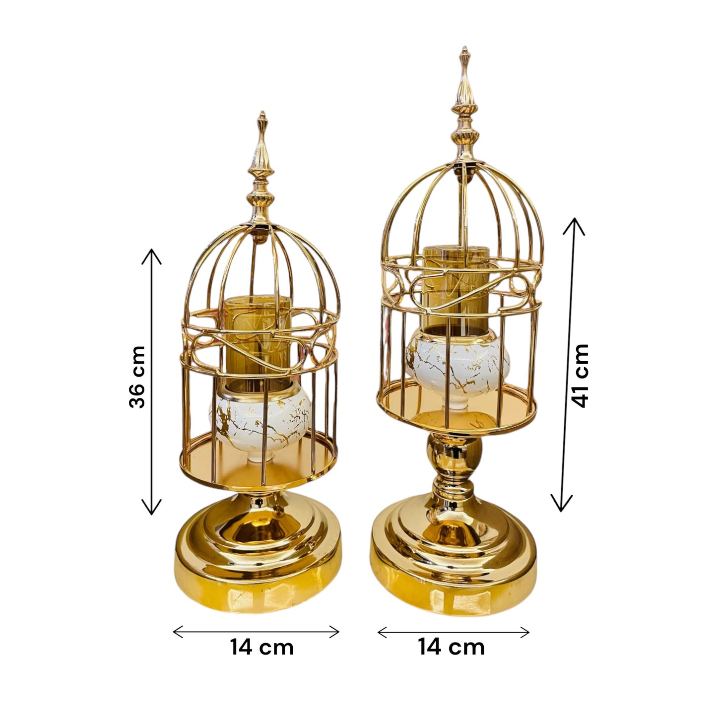 Luxurious Golden Cage Candle Stand with white marble finished holder inside- set of 2